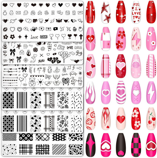 Whaline 6Pcs Happy Valentine Nail Plates Stamping Set Love Heart Stamp Templates Nail Art Plates for DIY Print Manicure Salon Design-BrightBean Baby