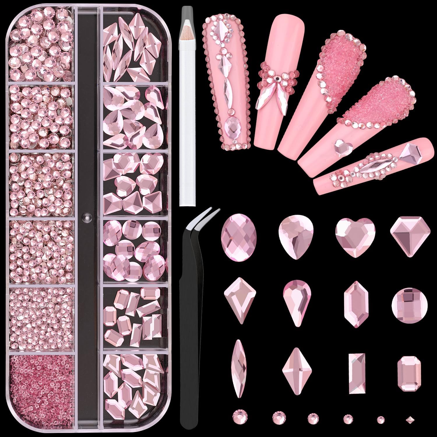 2060Pcs Pink Glass Nail Rhinestones 60Pcs Multi Shapes Flatback Nail Gems + 2000Pcs 1.5-4mm Round Crystal, Manicure Nail Charms Diamond Gemstones for Acrylic Nails Decoration-BrightBean Baby