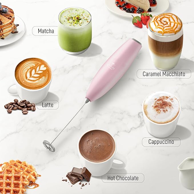 Zulay Kitchen Milk Frother Handheld Electric Whisk with AA Duracell Batteries – Durable Drink Mixer for Coffee, Lattes, Cappuccinos & More - Pink