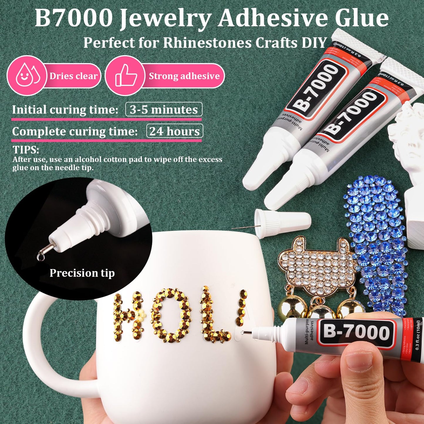 Resin Rhinestones for Crafting with B7000 Jewelry Glue, 1 Box Gold Flatback Crystals with 3Pcs 10ml Glue for Bedazzling Crafts DIY Nail Art Makeup，Non Hotfix Gems for Clothing Shoes-BrightBean Baby