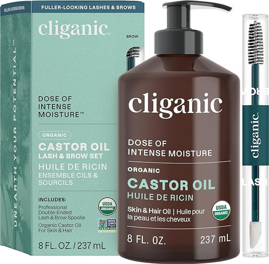 Cliganic Organic Castor Oil, 100% Pure (8oz with Eyelash Kit) - For Eyelashes, Eyebrows, Hair & Skin | Natural Cold Pressed Unrefined Hexane-Free (Packaging May Vary)-BrightBean Baby