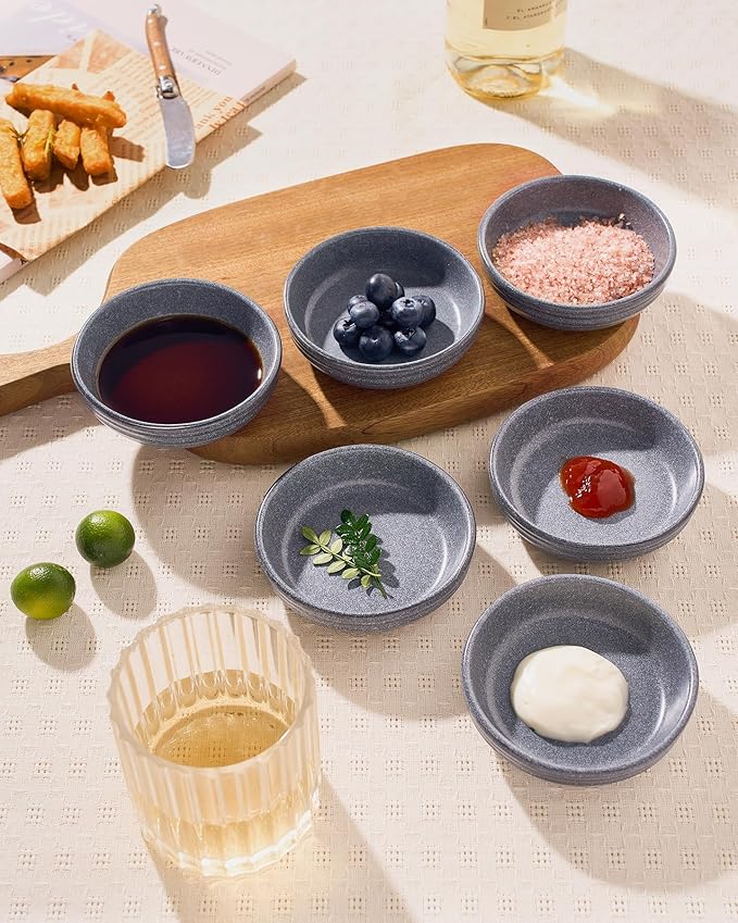 famiware Pluto Soy Sauce Dishes of 6, 3 oz Dipping Sauce Cups/Bowls/Dishes for Kitchen, Ceramic Small Bowls for Side Dish, Appetizers, Snacks, and Sushi, Reactive Glaze, Matte Dark Charcoal