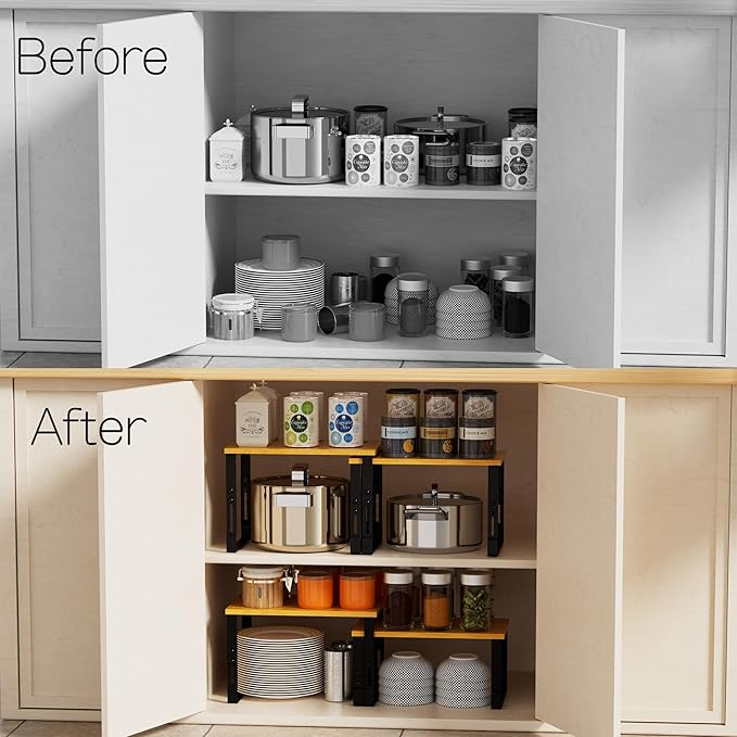Adjustable Storage Shelves for Kitchen Cabinet Organization - Set of 2 Stackable Metal & Solid Wood Racks, Space-Saving Design for Countertop/Pantry/Garage, Easy Assembly(2 Packs/Large/Black)
