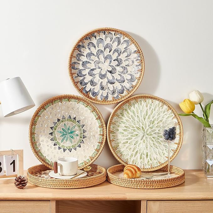 Round Rattan Tray with Mother of Pearl Inlay, Rattan Serving Tray with Wooden Base, Decorative Wicker Basket for Table Decor, Storage and Display of Coffee Bread Food Fruit (Plume)