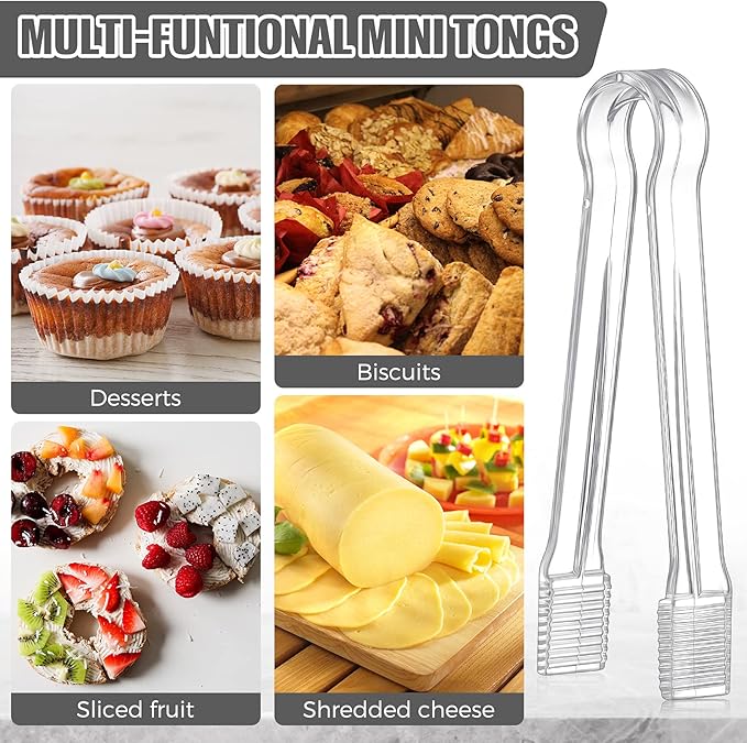 8-Piece Plastic Tongs - Clear Mini Serving Utensils, 6.3 Inch Small Tongs for Food, Ice, Salad, Buffet, Weddings, Barbecue Party