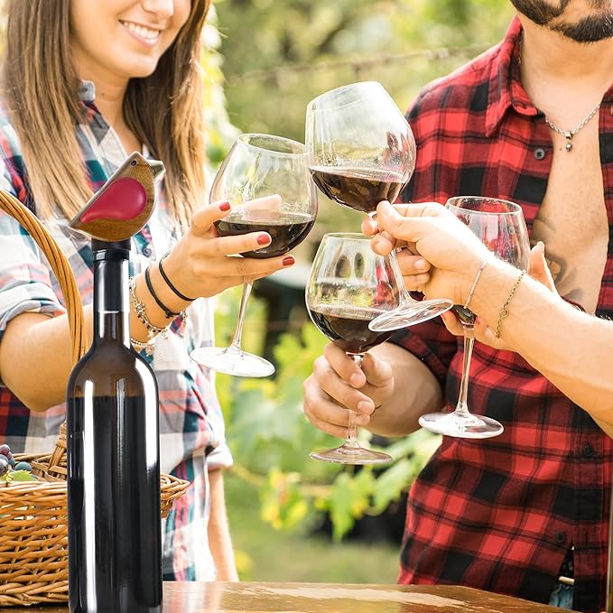 Songbird Specialties Wine Bottle Pourer, Fun Wine Pourer Spout Sings While It Pours, Airtight Wine Bottle Sealer, Acacia Wood with Red Wings