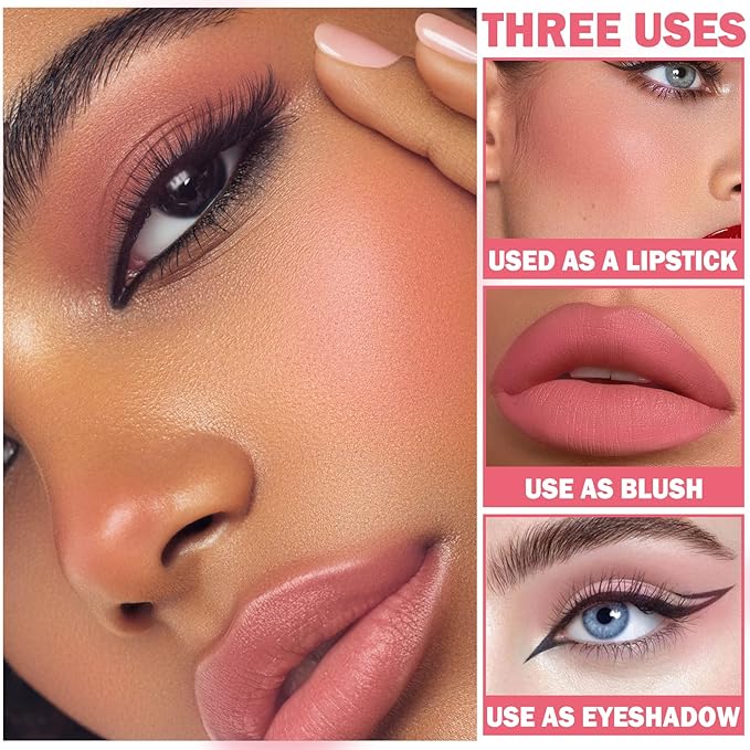 Cream Blush Stick with Brush, Waterproof, Long Lasting, Natural Finish, Rose Red - Compact Stick for All Skin Tones-BrightBean Baby