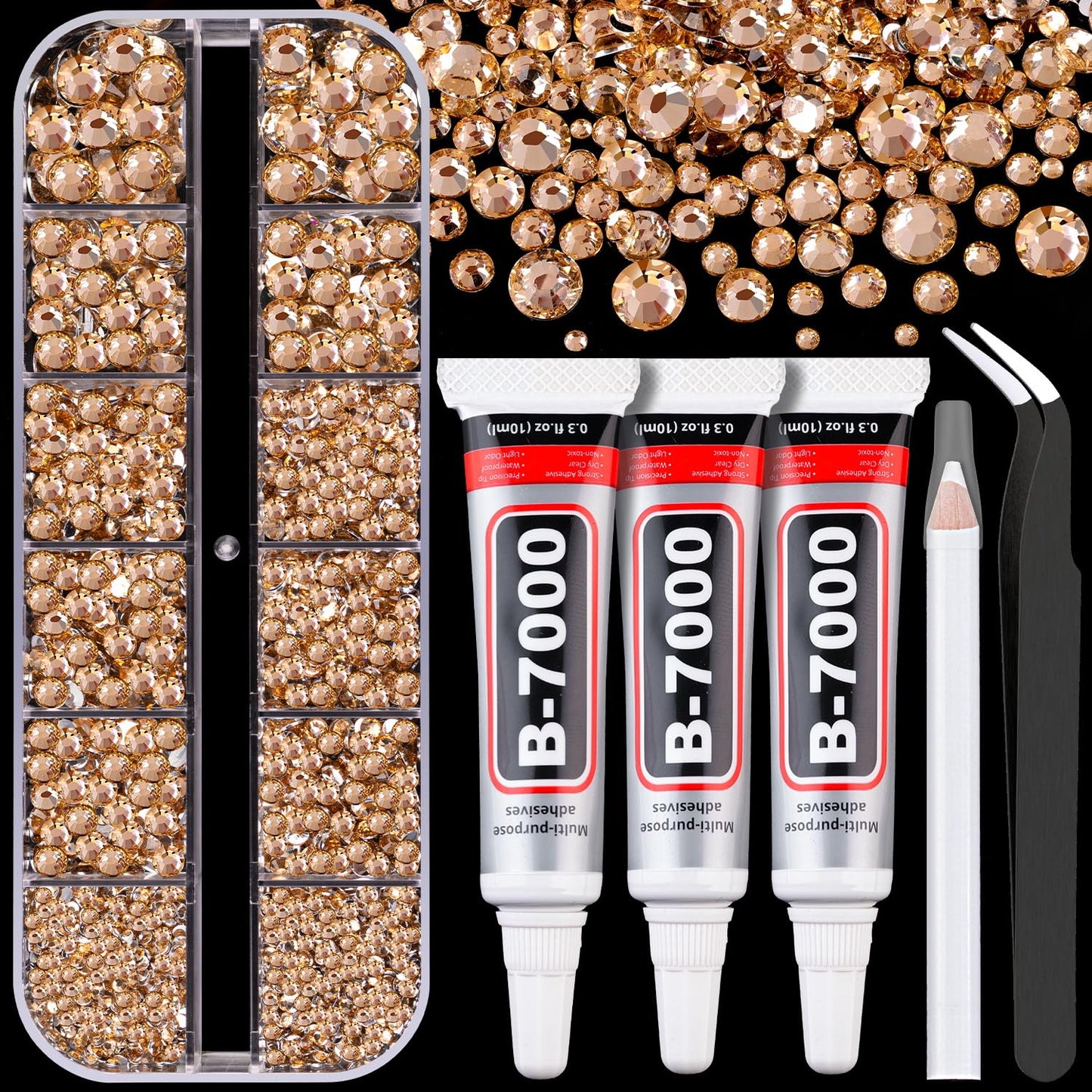 Resin Rhinestones for Crafting with B7000 Jewelry Glue, 1 Box Champagne Flatback Crystals with 3Pcs 10ml Glue for Bedazzling Crafts DIY Nail Art Makeup，Non Hotfix Gems for Clothing Shoes-BrightBean Baby