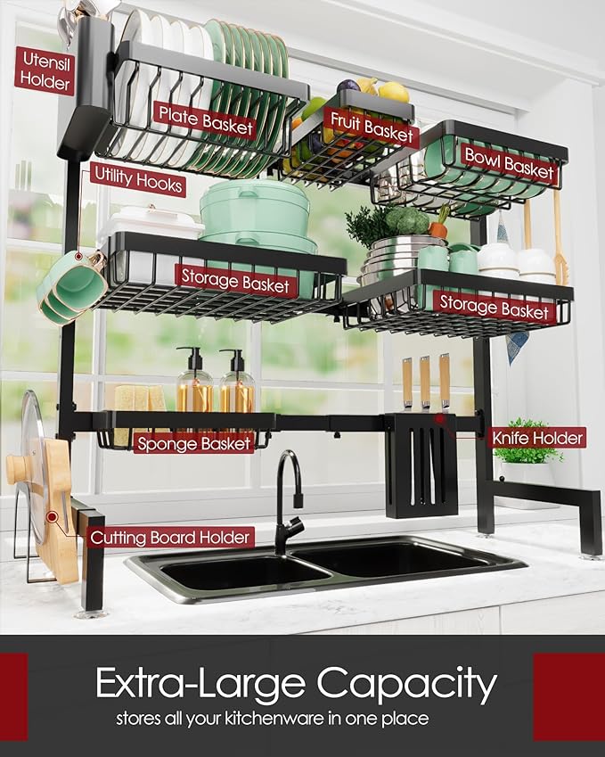 Dish Drying Rack - Over The Sink Dish Drainer Drying Rack with Utensil & Knife Holder, Hooks, Stainless Steel Kitchen Organizers and Storage Solution, 11.8" D x 31.5"~39.0''W x 30" H, Black