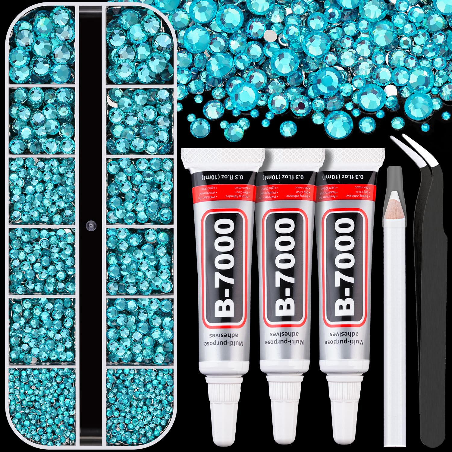 Resin Rhinestones for Crafting with B7000 Jewelry Glue, 1 Box Teal Blue Flatback Crystals with 3Pcs 10ml Glue for Bedazzling Crafts DIY Nail Art Makeup，Non Hotfix Gems for Clothing Shoes-BrightBean Baby