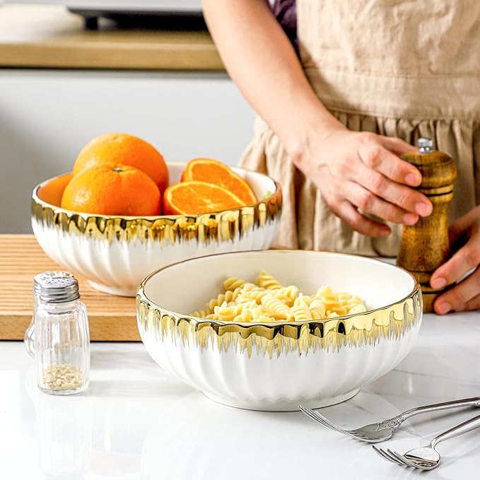 LETAOTAO Serving Bowls, 8 inch Large Salad Bowls, Ceramic Bowl Set of 2 White Bowl with Gold Trim, Kitchen Decorative Bowls Set for Kitchen, Salad, Soup, Pasta and Dinner(60 oz)