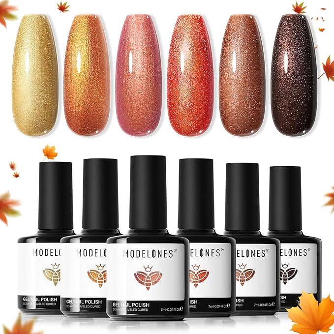 modelones Chameleon Gel Nail Polish Set, 6 Colors Fall Gel Polish Kit Glitter Shimmer Brown Orange Yellow Soak Off LED Nail Lamp Home Gift DIY Salon For Women Girl-BrightBean Baby