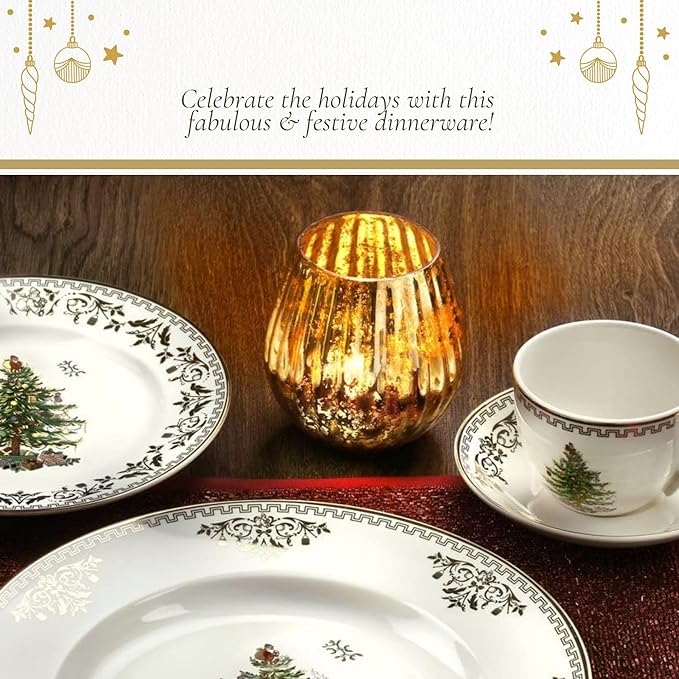 Spode Christmas Tree 12" Gold Round Serving Platter - Porcelain Serving Plate for Holiday Snacks, Appetizers, Buffet Displays - Microwave & Dishwasher Safe - Elegant Holiday Tableware