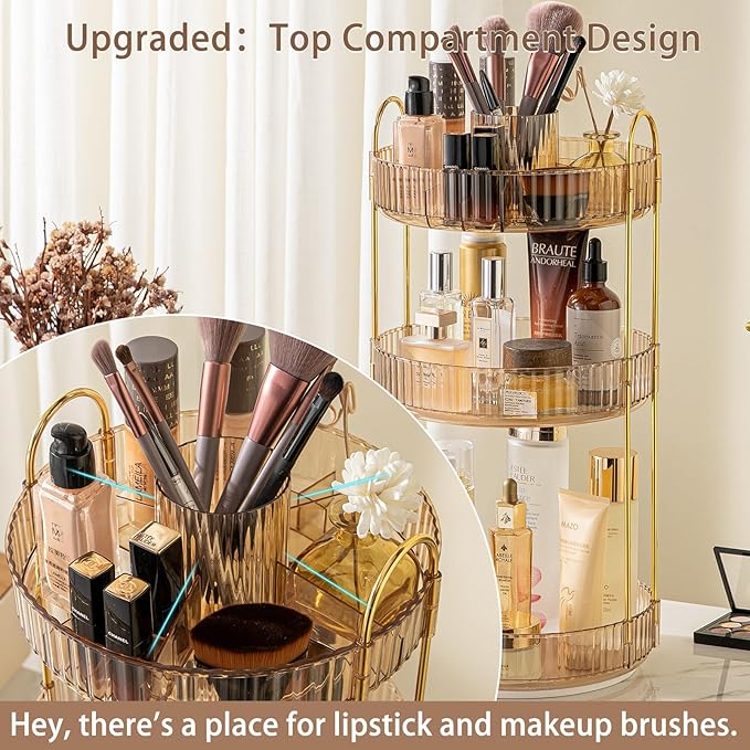 Rotating Makeup Organizer for Vanity, High-Capacity Skincare Clear Make Up Storage Perfume Organizers Cosmetic Dresser Organizer Countertop 360 Spinning (Gold, New-3 Tier)-BrightBean Baby