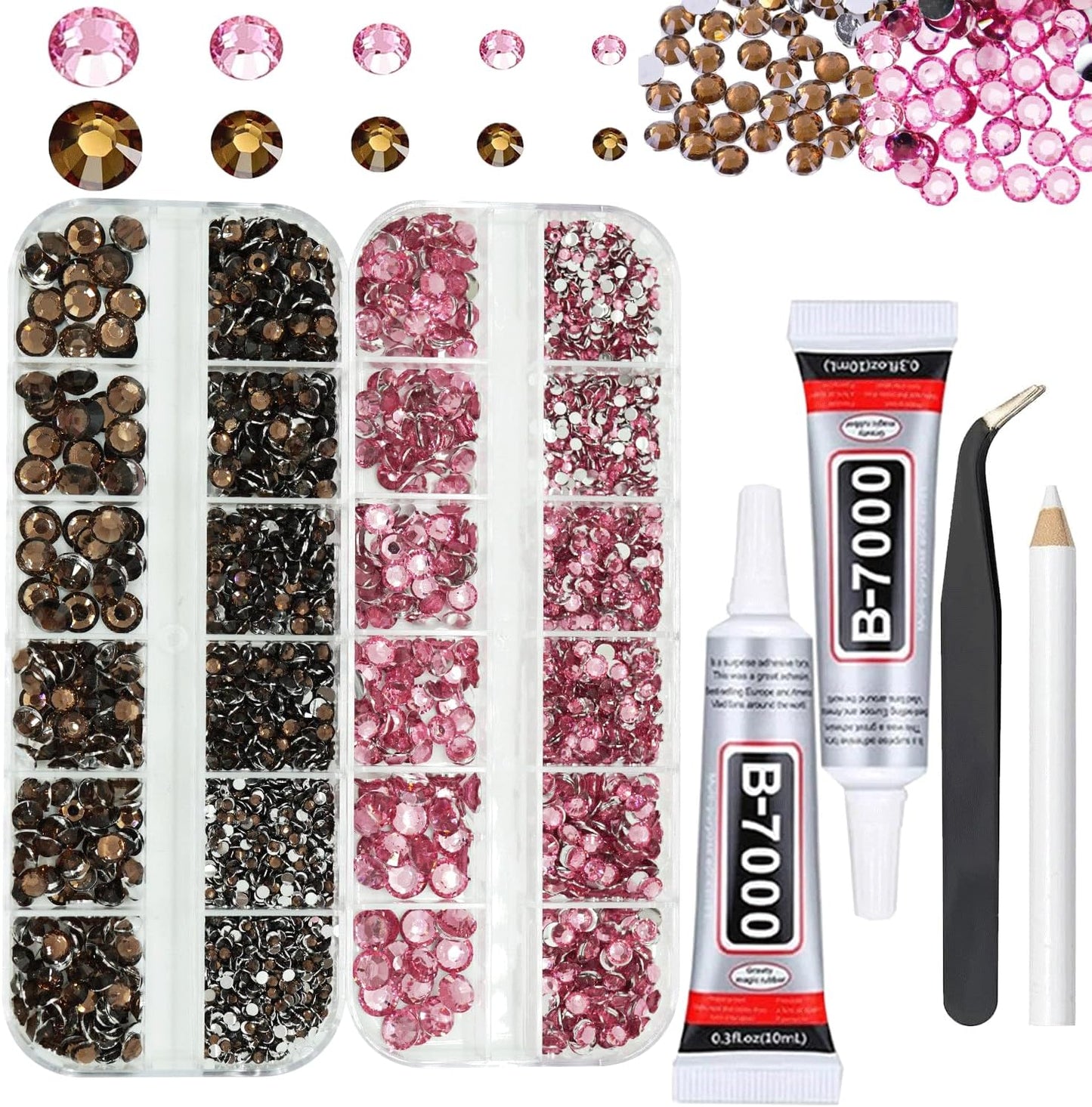 Brown And Pink Rhinestones with Glue(S8-S30) for Bedazzling,2mm-6mm Non-Hotfix Flatback Nail Gems Beads with B7000, Resin Nail GemsStones Diamond Kit for Bedazzle Crafting, Nails DIY Art Decoration-BrightBean Baby