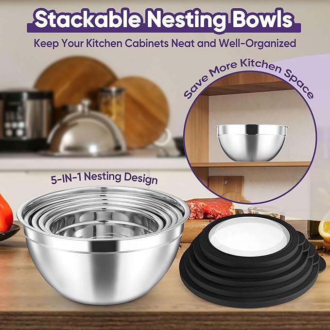 Herogo 5-Piece Mixing Bowls with Visible Lids, 3 Grater Attachments, Stainless Steel Salad Serving Bowls for Kitchen, 4.6/3.5/2.5/2/1.5 QT Ideal for Prepping & Cooking, Black