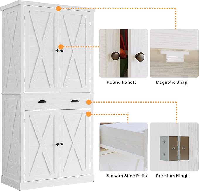 IRONCK Kitchen Pantry Storage Cabinet 72.6" H, with Barn Doors, Drawer, 4 Adjustable Shelves, Freestanding Cupboard, Laundry, White