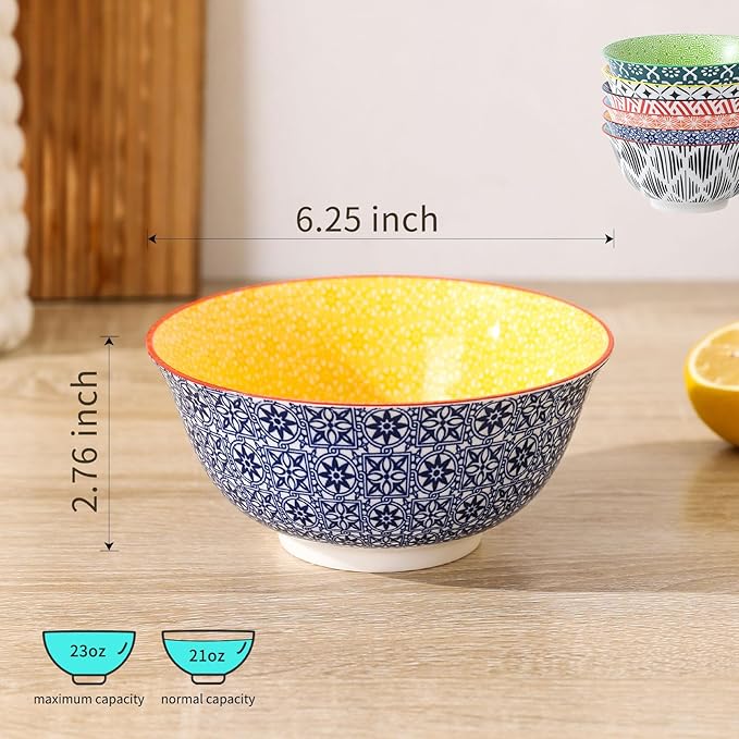Cereal Bowls Set of 6 for Kitchen, 23oz Ceramic Bowls for Soup, Salad, Dessert, Rice, Serving, Oatmeal, Dishwasher & Microwave Safe, Assorted Colors
