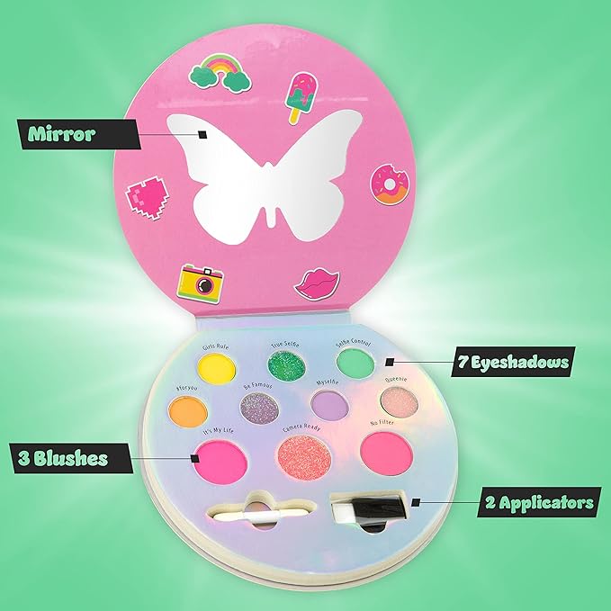 Expressions Selfie Queen Glisten & Glitter Makeup Palette 10 Color Eyeshadow Palette & Blush Makeup Novelty Beauty Set, Fold Out Compact with Mirror, Cute Makeup Kit Gifts - Washable, Non-Toxic-BrightBean Baby
