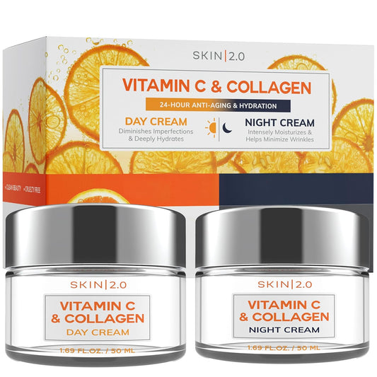 Vitamin C & Collagen Day & Night Face Moisturizer Cream - Dermatologist Tested, Brightening, Anti-Aging, Clean Beauty, Cruelty-Free Korean Skincare for All Skin Types - 1.69 oz (2-Pack)-BrightBean Baby
