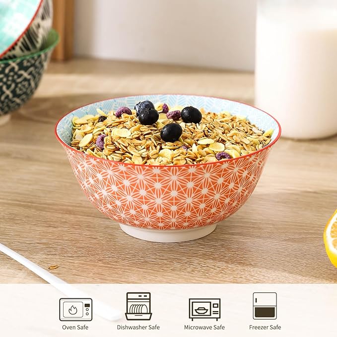 Cereal Bowls Set of 6 for Kitchen, 23oz Ceramic Bowls for Soup, Salad, Dessert, Rice, Serving, Oatmeal, Dishwasher & Microwave Safe, Assorted Colors