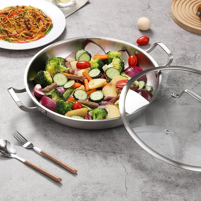 DELARLO 13" Tri-Ply Stainless Steel Paella Pan with Lid
