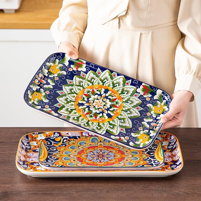 vancasso Serving Platters Set of 3, 16"/14"/12" Inch Rectangular Trays - Serving Platter Extra Large, Bohemian Ceramic Serving Dish for Entertaining Food, Microwave & Dishwasher Safe, Colorful