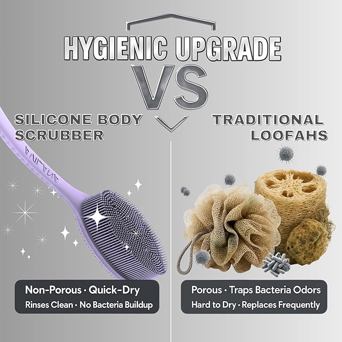 Avilana Silicone Body Scrubber – Gentle Shower Brush & Loofah Alternative- Food Grade & Lab Tested – Fast-Drying, Hygienic, BPA-Free Silicone Body Gentle Exfoliator (Lavender, Long Handle)-BrightBean Baby