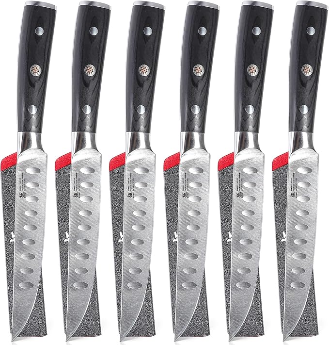 KYOKU Steak Knife Set of 6, Samurai Series 5" Steak Knives, Non Serrated High Carbon Steel Knives Set with Case Pakkawood Handles Mosaic Pins Sheaths, Ultra Sharp Dinner and Kitchen Knife Cutlery Set