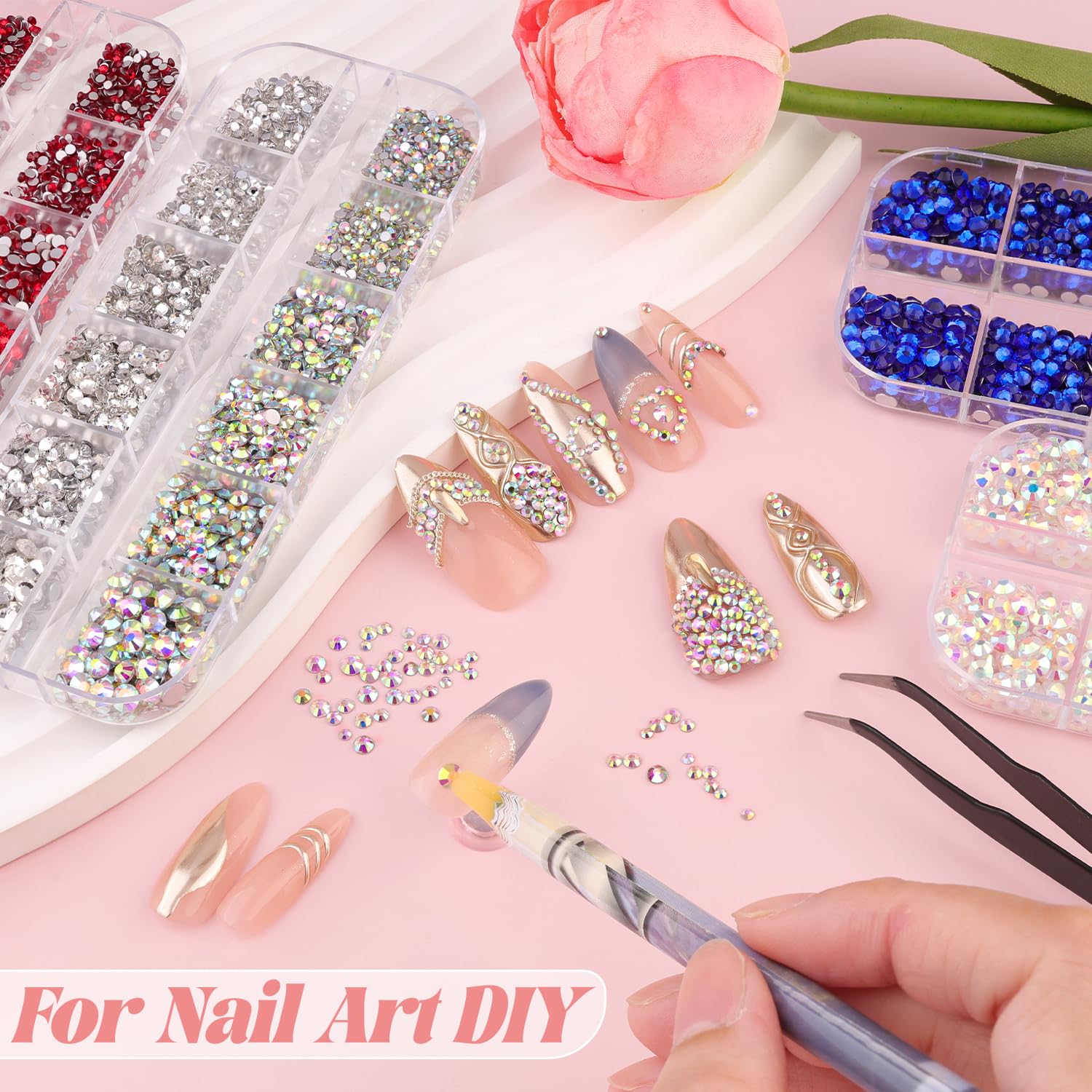 3600pcs Glass AB Nail Rhinestones 6 Sizes(1.8/2/2.4/2.8/3/4mm) Flatback Crystal Nail Charms Jewels Decoration for Nail Art and Crafting, Tweezer and Pickup Pen included-BrightBean Baby