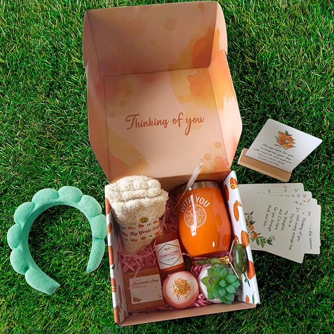 Orange-Themed Spa Gift Basket for Women - Self-Care Package, Birthday Box with Handmade Soap, Candle, Bath Bomb, Headband, and Towel-BrightBean Baby