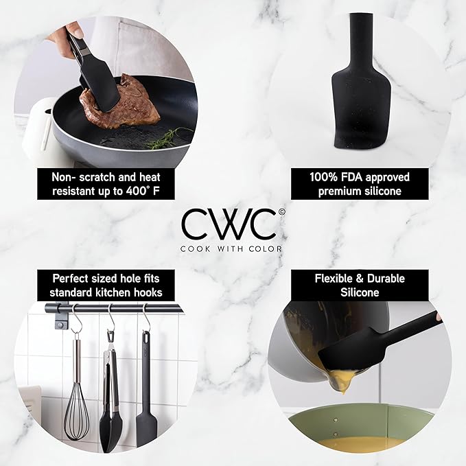 COOK WITH COLOR Stainless Steel Silicone Tipped Kitchen & BBQ Tongs Set, 3 Pc Utensils, Black