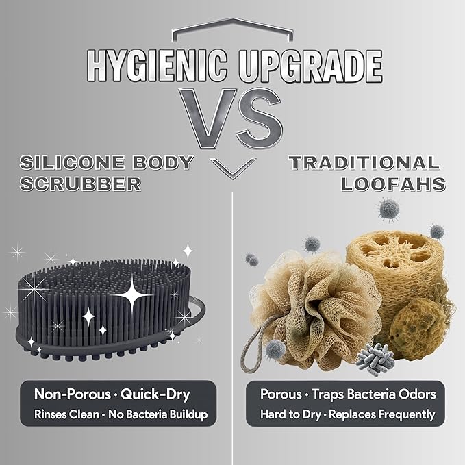 Avilana Silicone Body Scrubber – Gentle Shower Brush & Loofah Alternative- Food Grade & Lab Tested – Fast-Drying, Hygienic, BPA-Free Silicone Body Gentle Exfoliator (Dark Gray, Massage)-BrightBean Baby