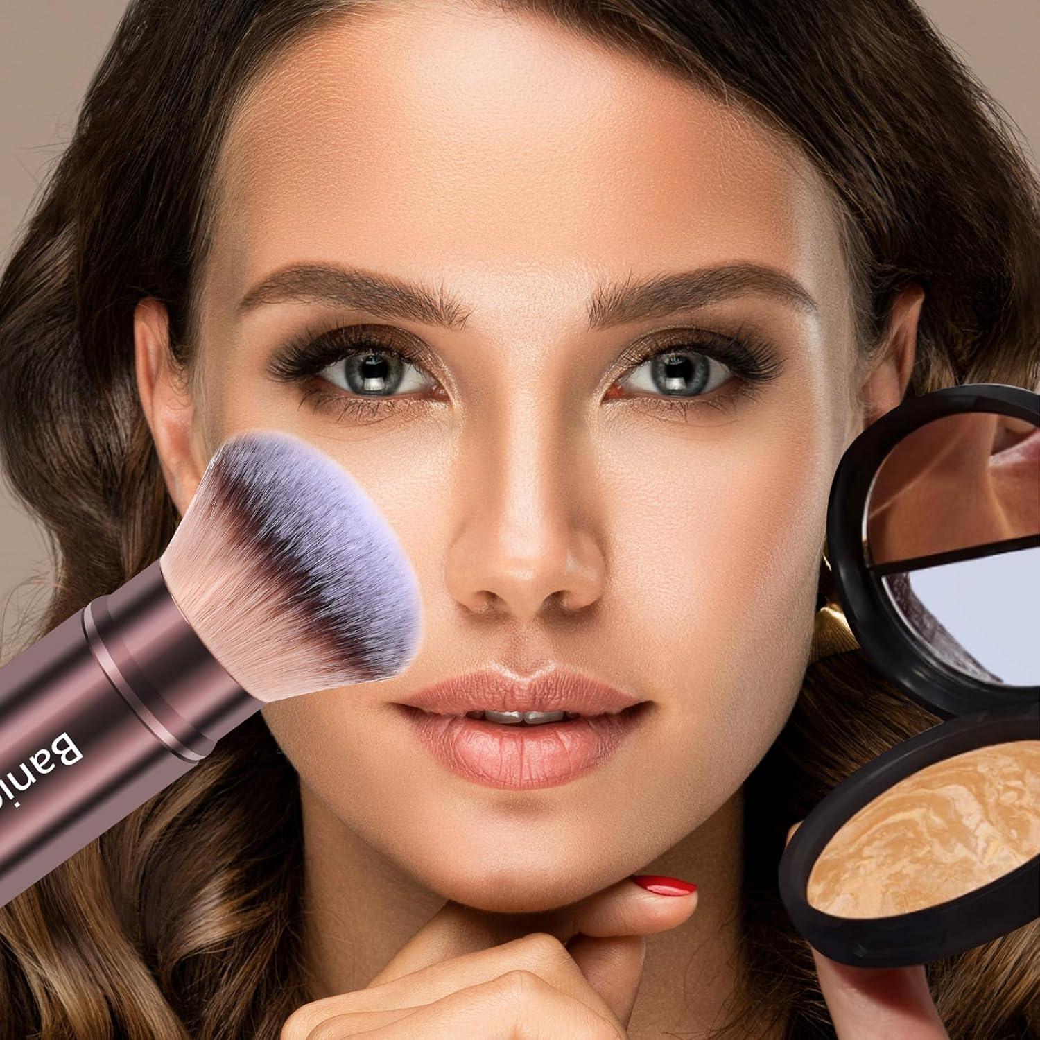 Makeup Brush Kabuki Face Brushes Retractable Travel Blush Brush Portable Flawless for Foundation, Powder Blush, Bronzer, Buffing, Liquid, Cream, Cruelty Free with Cover(Round-Head)-BrightBean Baby