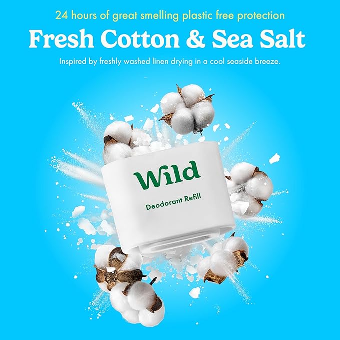 Wild - Refillable Deodorant - Fresh Cotton & Sea Salt Refill Trio Pack - Vegan - Aluminum Free - Long Lasting Protection - 3 Pack of 1.41oz Refills