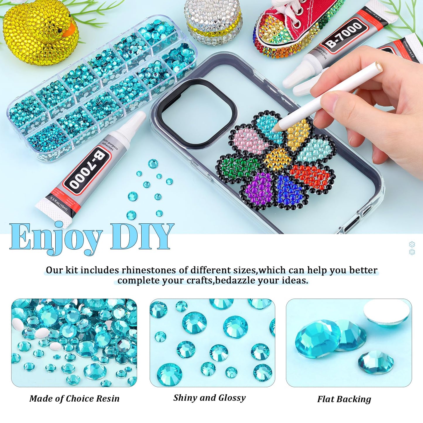 6000Pcs Resin Rhinestones for Bedazzling with 3Pcs B7000 Jewelry Glue, 1 Box Teal Blue Flatback Rhinestones for Crafting Crafts DIY, Crystals Gems for Clothing Shoes Tumblers Nail Art Makeup-BrightBean Baby