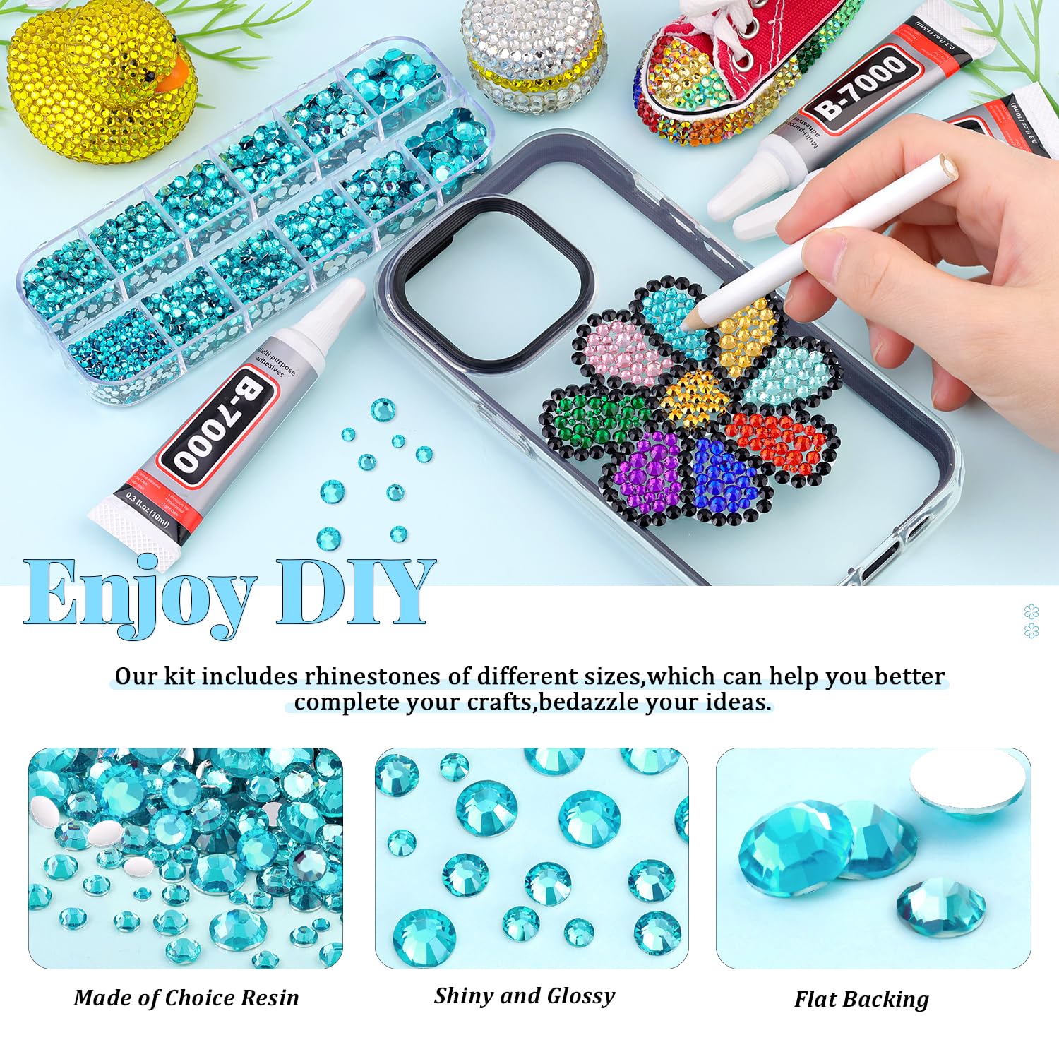 6000Pcs Resin Rhinestones for Bedazzling with 3Pcs B7000 Jewelry Glue, 1 Box Teal Blue Flatback Rhinestones for Crafting Crafts DIY, Crystals Gems for Clothing Shoes Tumblers Nail Art Makeup-BrightBean Baby