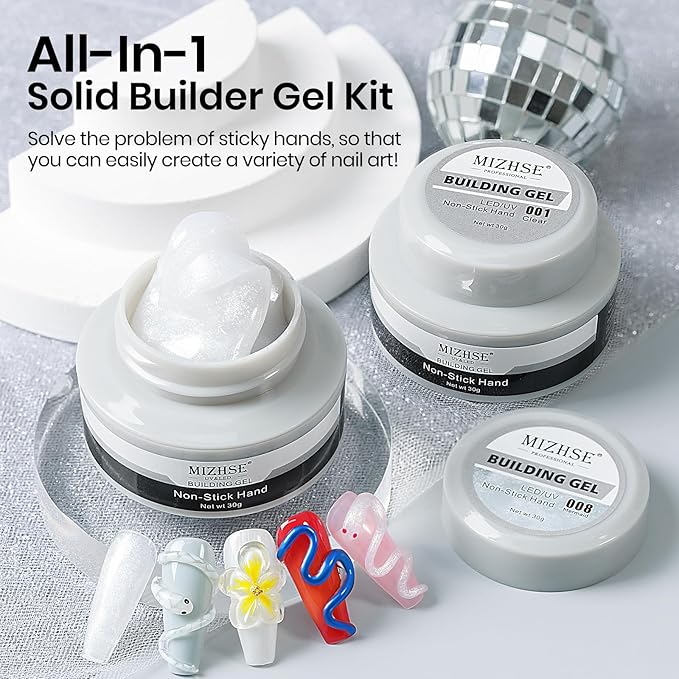 MIZHSE Solid Builder Gel for Nails Kit: 2PCS 30g 3D Pearl White & Clear Hard Gel for Nailswith Nail Forms 3D Silicone Mold Soak off U V LED Builder Gels for Extension Home Manicure-BrightBean Baby