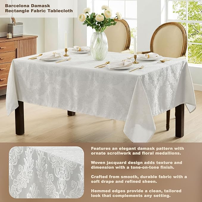 Newbridge Barcelona Luxury Damask Fabric Tablecloth, 70” Extra Wide x 126” Rectangle, White, 100% Polyester, No Iron, Soil Resistant Dining Room, Party and Banquet Table Cover
