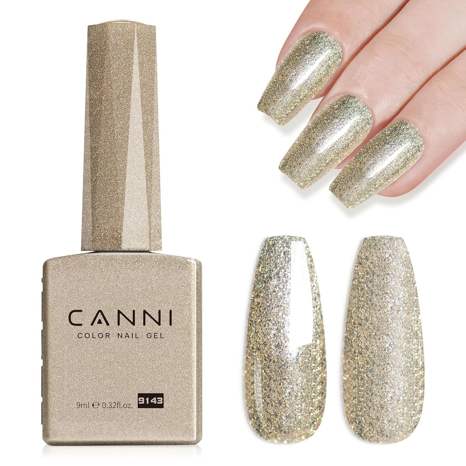 CANNI Champagne Gold Glitter Gel Polish – 9ML Sparkly Soak-Off UV/LED Gel Nail Polish, Shiny Metallic Finish for French Manicure, DIY or Salon Use-BrightBean Baby