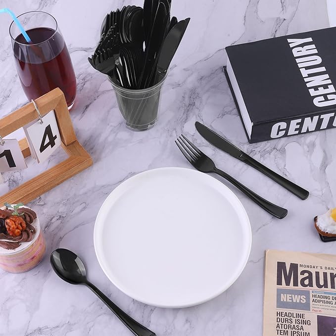 300 Pieces Black Plastic Silverware Heavy Duty Plastic Cutlery Set Heavyweight Disposable Flatware Includes Spoons Forks Knifes for Birthday Party Prom Night Wedding Dinner