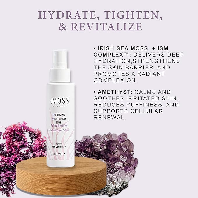 Sea Moss Infused Face and Mood Lifting Mist with Real Amethyst, Caffeine, Sage, and Hyaluronic Acid to Tighten, Brighten Skin and Calm Emotions-BrightBean Baby