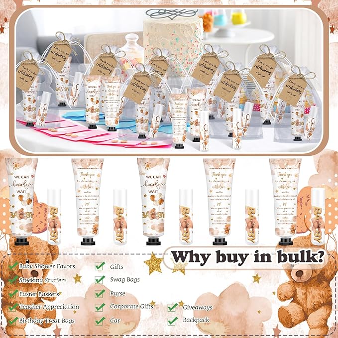 50 Sets 200 Pcs Baby Shower Hand Lotion and Lip Balm Gift Theme Baby Shower Party Favors Travel Size Hand Lotion and Lip Balm Bulk with Organza Bags Tags(Bear)-BrightBean Baby