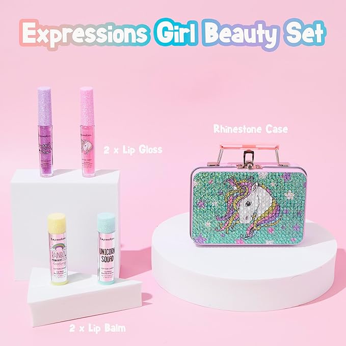 Expressions 5pc Cosmetics Lip Kit For Kids w/Lip Glosses, Lip Balms & Tin Box Storage Case I Believe in Unicorns Rhinestone,Washable + Non Toxic-BrightBean Baby
