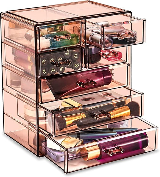 Sorbus Acrylic Clear Makeup Organizer - Big & Spacious Cosmetic Display Case - Stylish Designed Jewelry & Make Up Organizers and Storage for Vanity, Bathroom (4 Large, 2 Small Drawers) [Bronze Glow]-BrightBean Baby