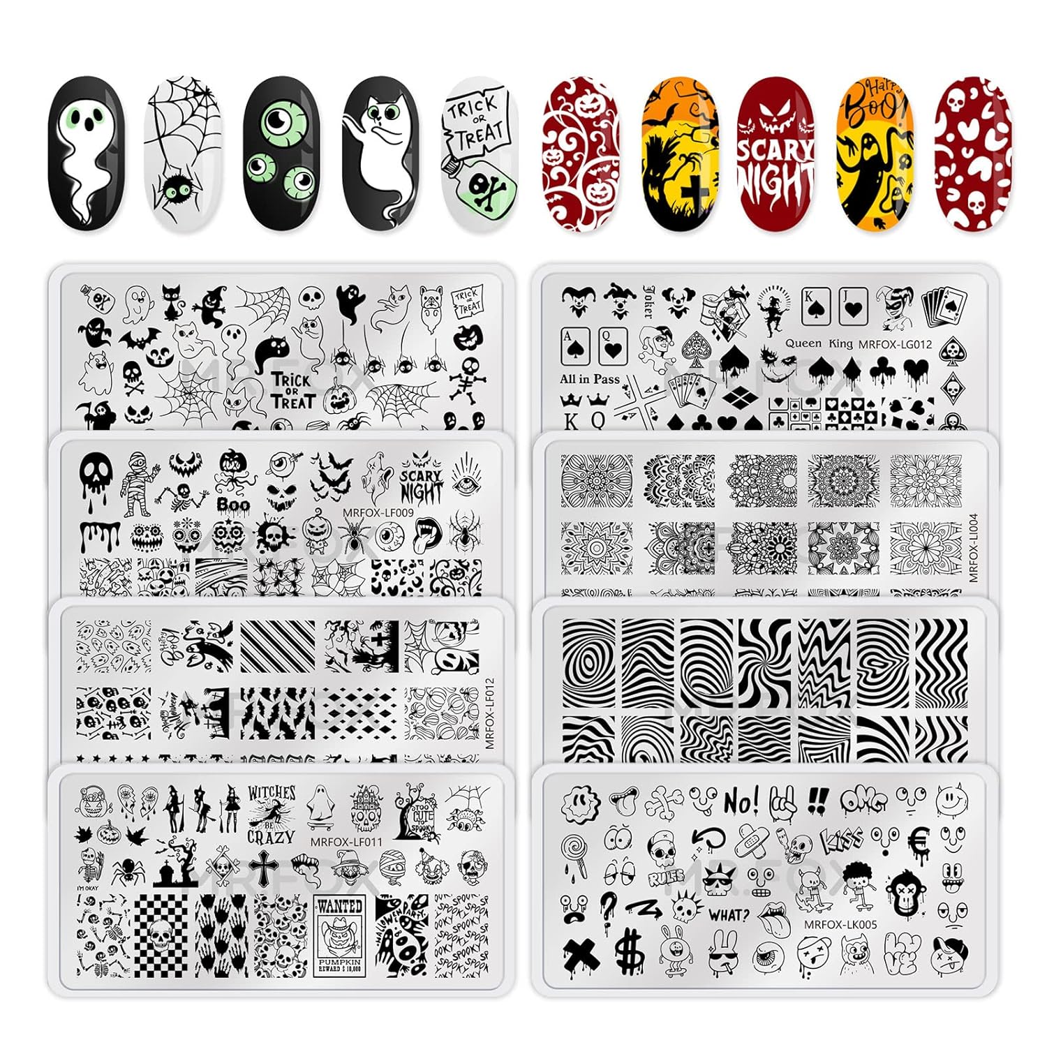 8PCS Halloween Nail Stamping Plates, Pumpkin Skull Bat Poker Image Stainless Steel Stencil, DIY Nail Art Template Tools-BrightBean Baby