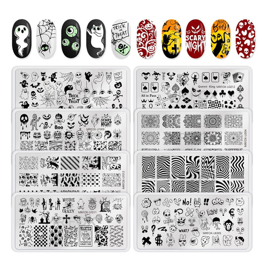 8PCS Halloween Nail Stamping Plates, Pumpkin Skull Bat Poker Image Stainless Steel Stencil, DIY Nail Art Template Tools-BrightBean Baby