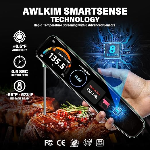 0.5s Instant Read Smart Meat Thermometer Digital, 3.8″ HD Touchscreen with Temp-OS, Professional Kitchen Food Thermometer for Cooking, Grill, BBQ | ±0.5°F, −58–572°F, IP68, USB-C Rechargeable