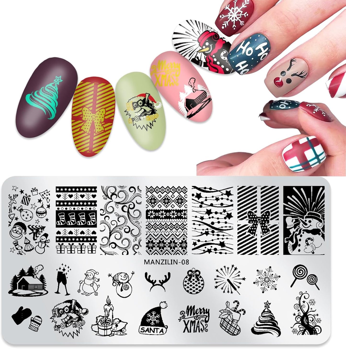 Christmas Nail Stamping Plates - Winter Stamp Kit with Snowflake, Santa Claus, Christmas Tree, Elk & Candy Bells Designs - DIY Stainless Steel Nail Image Polish Template Kit (8Pcs)-BrightBean Baby