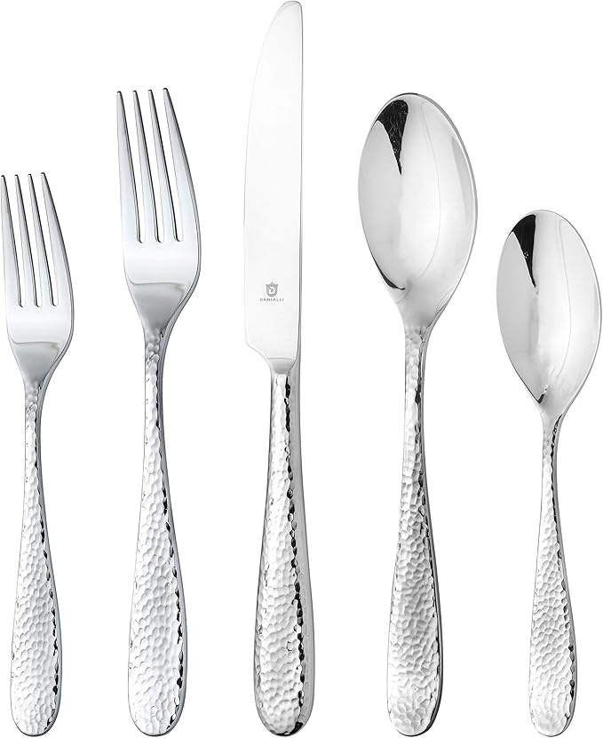 Hammered Silverware Set | Premium 18/10 Stainless Steel Flatware Service for 4 | Heavy-Duty & Dishwasher Safe | Built to Last (20-Piece, Fidenza Hammered)